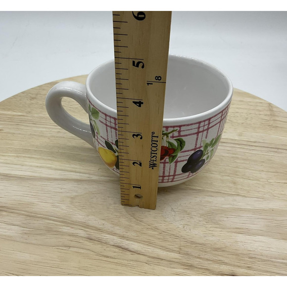 Ceramic Soup Mug Oversized Coffee Cup Fruit Pattern Red Plaid Handle Bowl VTG - Picture 5 of 5